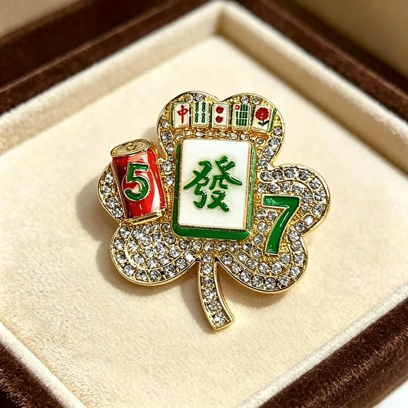 Alloy Brooch Rhinestone Pin Mahjong Zhong Fa Flower Tiles Lucky Number 5 7 Lapel Pin Clothing Jewelry Gift