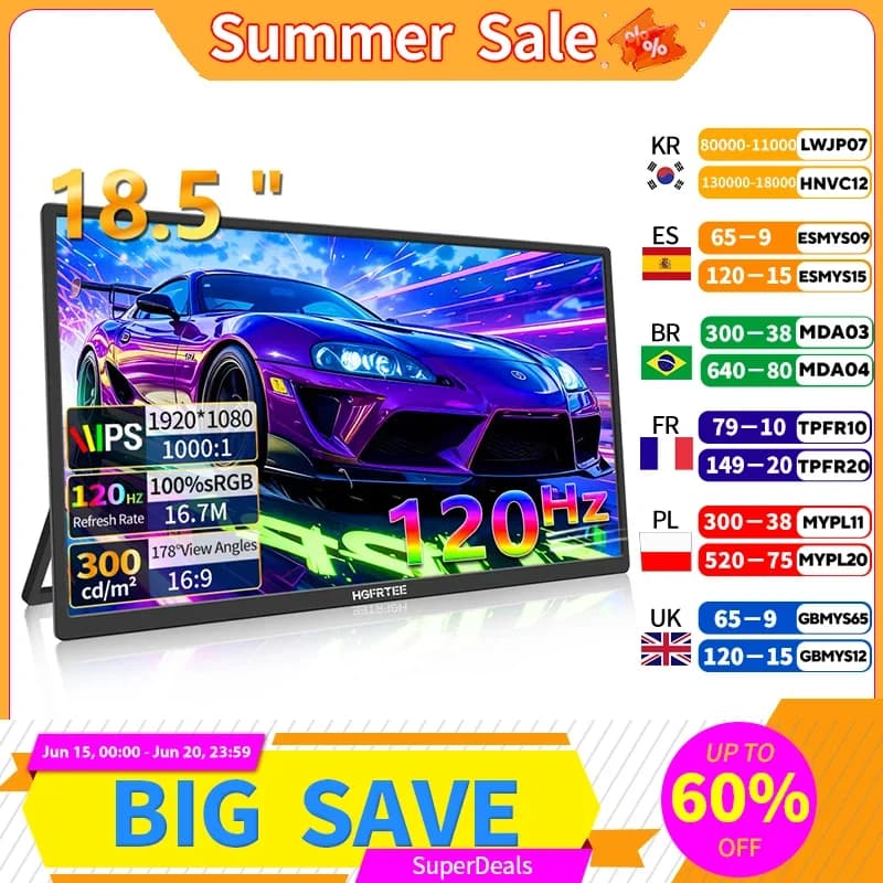 Monitor portatile HGFRTEE da 18,5 pollici 120Hz RGB100% con foro VESA e staffa posteriore Display esteso per laptop Schermo HDR ADS-IPS