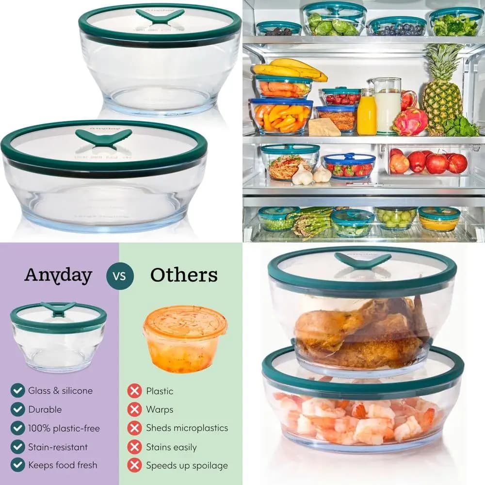 Set di 4 Grandi Contenitori in Vetro per Alimenti con Coperchi Ermetici | Contenitori per la preparazione dei pasti adatti al microonde | Contenitori in Vetro Impilabili per E
