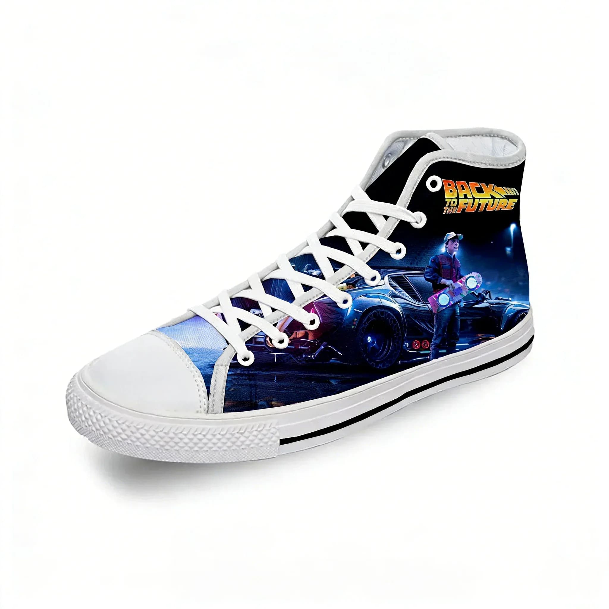 Movie Back To The Future Funny White Cloth Fashion Scarpe di tela alte con stampa 3D per uomo e donna, sneakers leggere e traspiranti