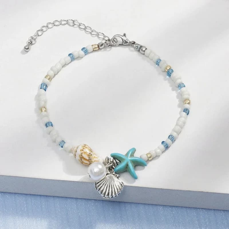 Braccialetto Bohemien da Spiaggia con Stella Marina Blu per Donne e Ragazze, Charm Estivo con Conchiglia e Perline, Bracciale Regolabile, Gioiello dell'Amicizia