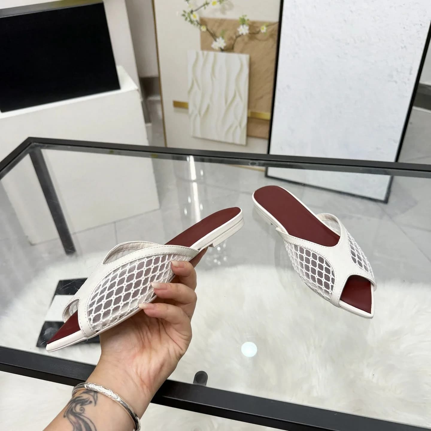 White Hollow Mesh Flat Slides Women Square Toe Breathable Summer Mules