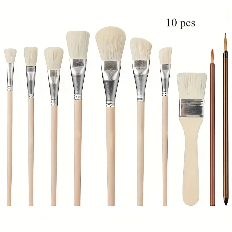 10pcs Goat Hair Glaze Brush Set for Pottery & Acrylic Painting - Versatile Mop Brushes with Golden Leaf Sheets