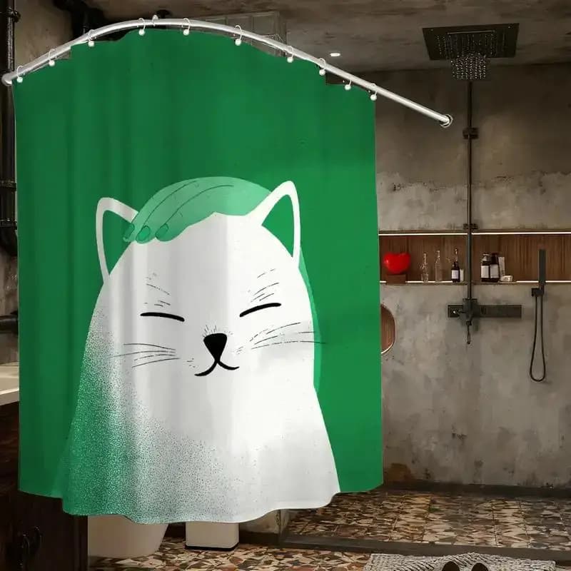 Tenda da doccia con gatto giocoso – Gatto bianco sorridente con mano verde su sfondo verde smeraldo, 12 ganci, decorazione impermeabile per il bagno