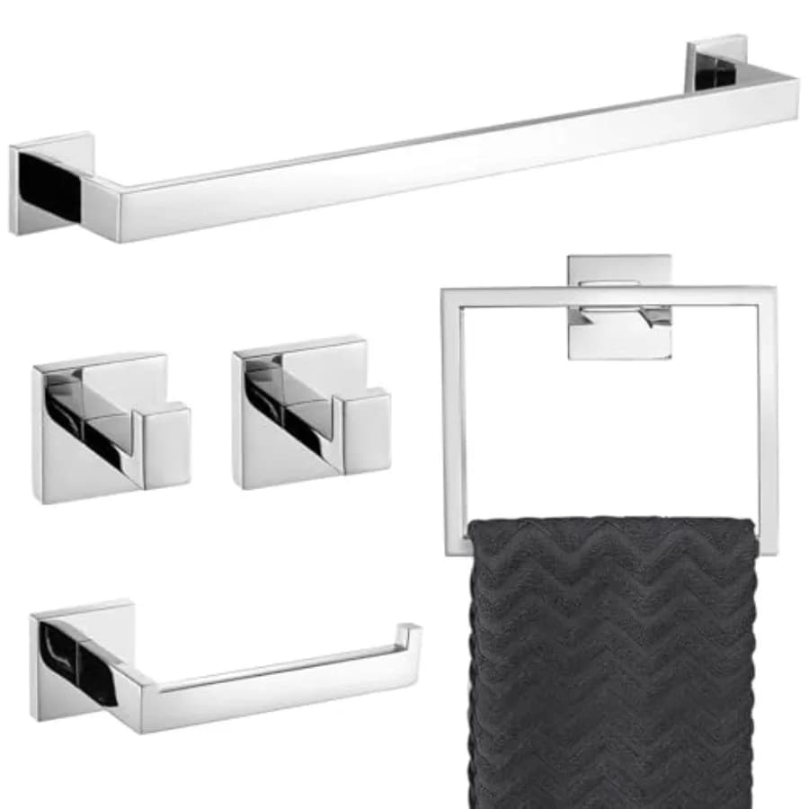 Set di Accessori per Bagno in 5 Pezzi, Cromato Lucido, con Portasciugamani, Anello Portasciugamani, Porta Carta Igienica e 2 Ganci per Asciugamani in Acciaio Inossidabile