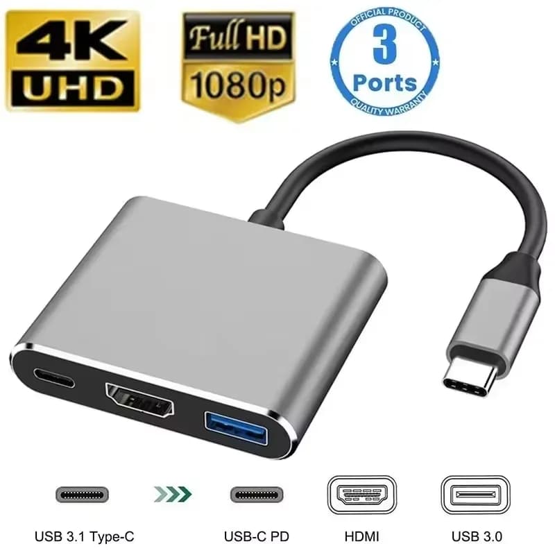 Hub USB C 3 in 1 Tipo C 3.0 a HDMI, Docking Station con Ricarica Rapida PD, Adattatore HDMI 4K per Telefono, Laptop e Notebook