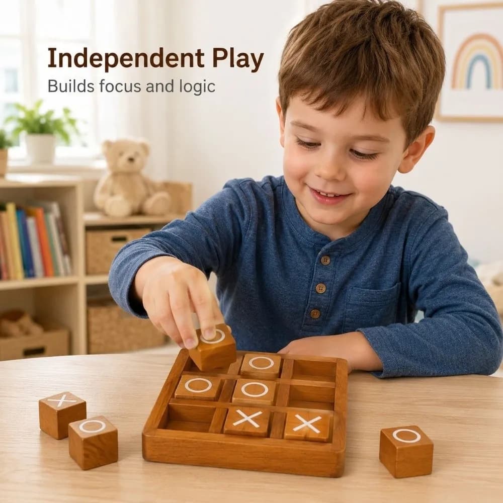 Portable Wooden Tic Tac Toe Wooden Two Player Traditional XO Chess Set Interactive Design Handcrafted Finish Travel Table Game