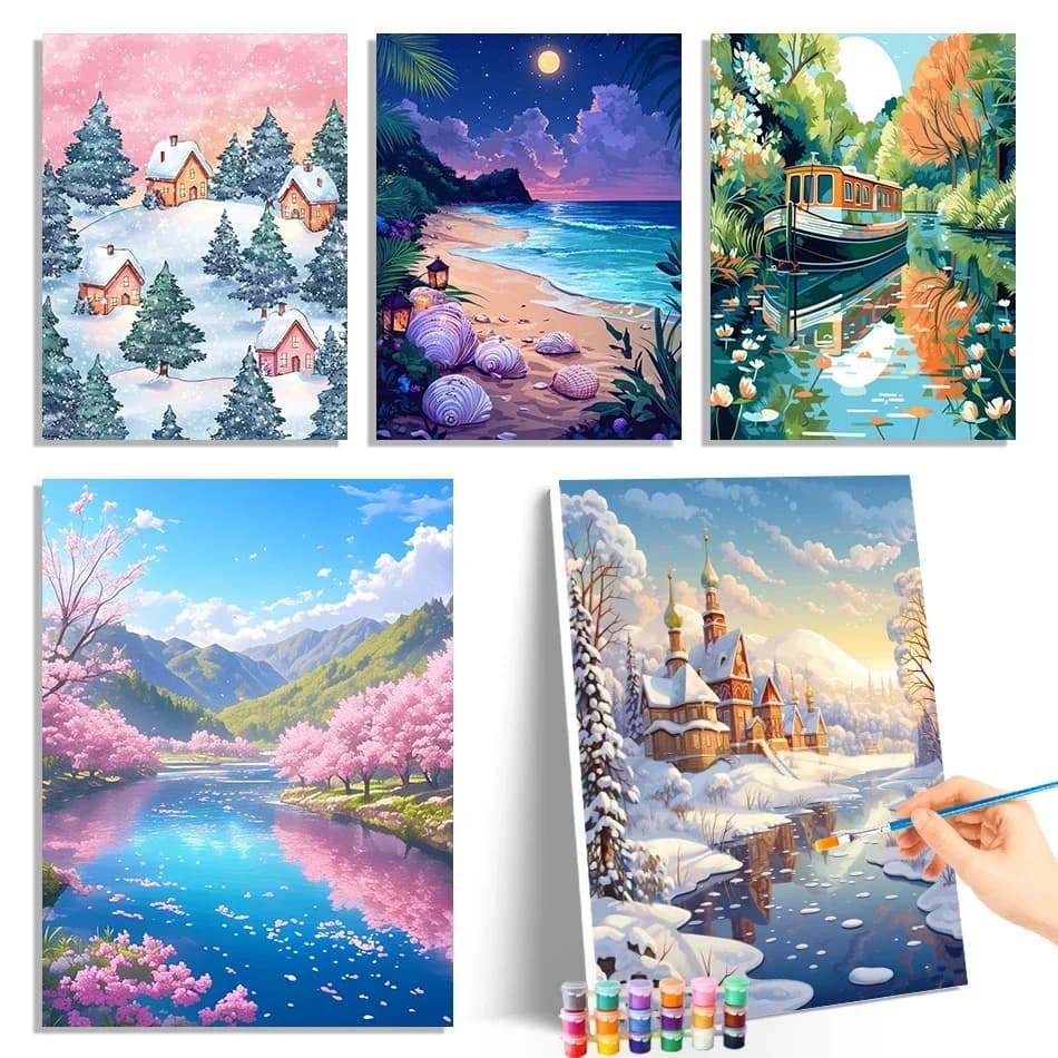 1pc frameless Painting By Numbers Acrylic Summer and winter natural scenery Paint Kit Wall Accessories Oil Drawing Diy Canva Pic