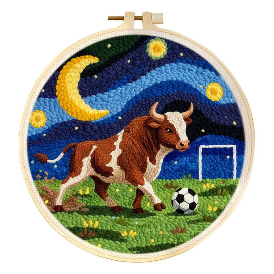 RUOPOTY Punch Needle Frame Home Decoration Night Cow Play Football Craft Supplies Animal Punch Needle Yarn Picture Diy Idea