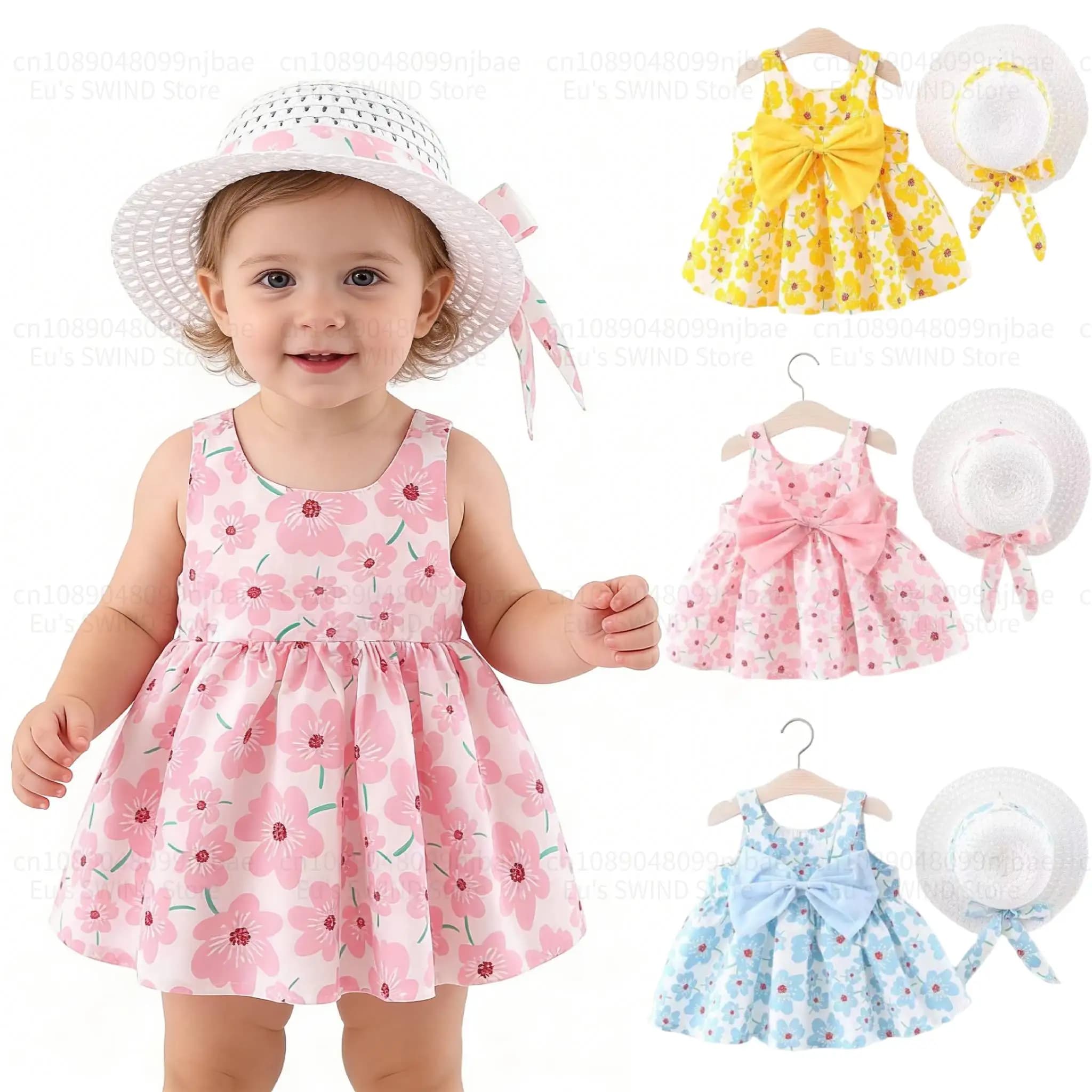 Vestito estivo in cotone a fiori per bambina, con fiocco grande, abito da sole per neonata, vestito senza maniche per bambini con cappello, 0 2 3 1 anni, vestito da principessa