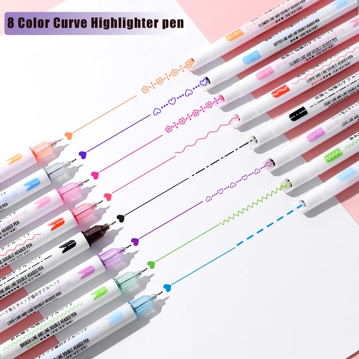 8 pennarelli per contorni a doppia linea, penne curve a doppia punta, penne curve divertenti multicolori, pennarelli ad asciugatura rapida evidenziatore per appunti, cur