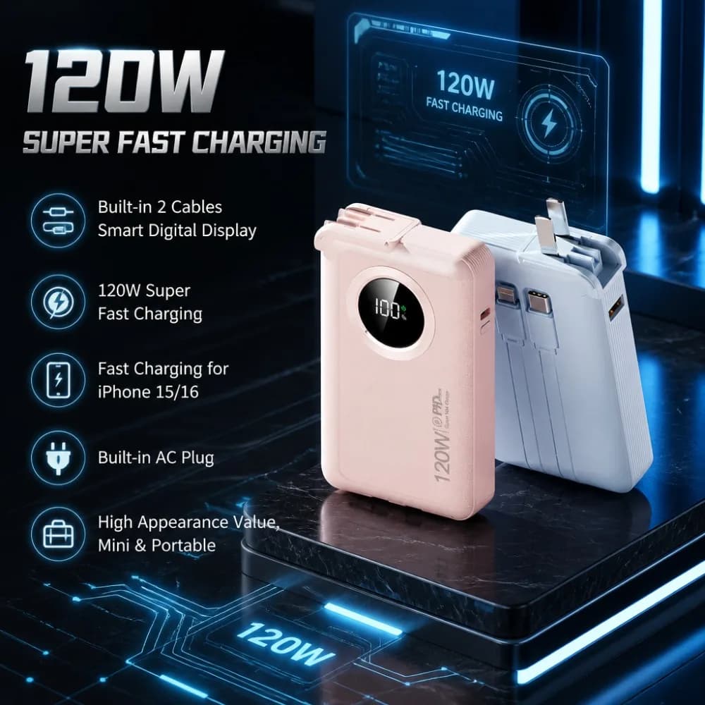 120W Super Fast Charging Power Bank Built-in 2 Cables & AC Plug Smart Digital Display 3C Certified Airline Approved For iPhone
