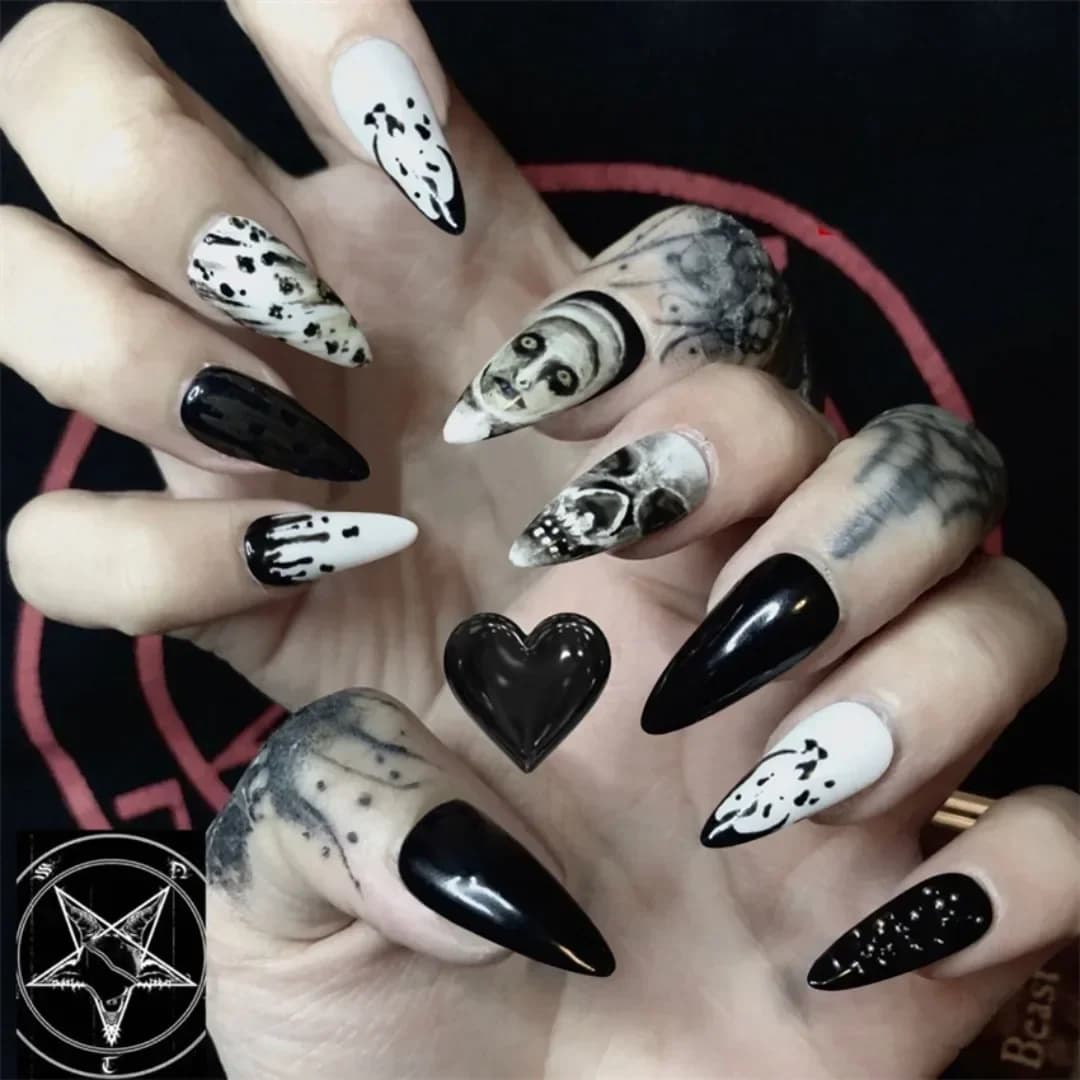 24 Pz/set Punk Scuro Long-skeleton Ballet Finte Art Bara Putting Presses on Artificial Acrylic Nails Fin Nail Kit