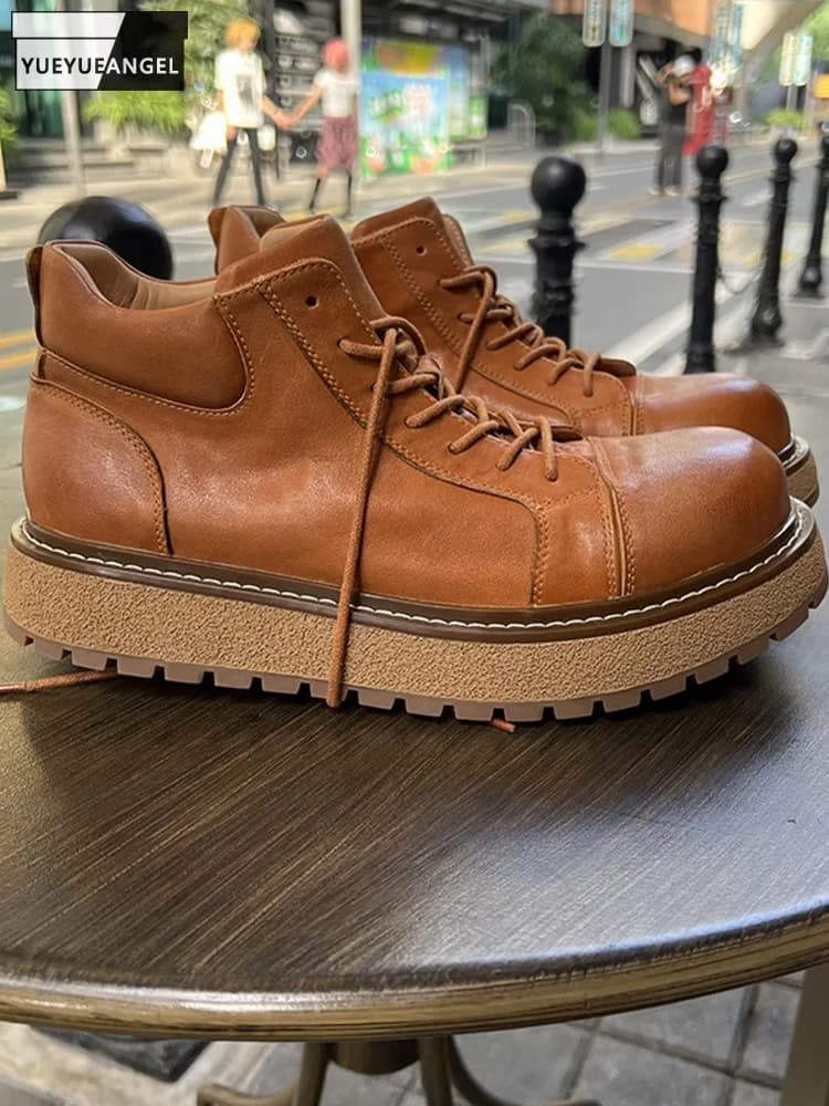 Versatile Mens Designer Cowhide Genuine Leather Motorcycle Biker Comfortable Round Toe Retro Shoes Lace Up High Top Ankle Boots