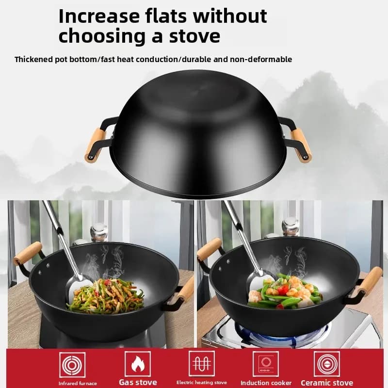 Iron double ear pan thickened style, deep stew pan for domestic use, large flat bottom non-stick pan