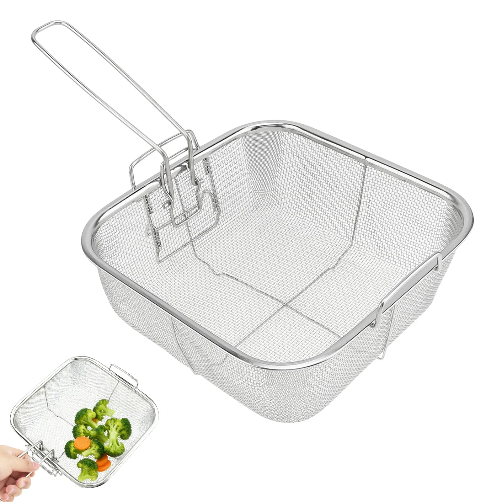Foldable Edge Stainless Steel 9.5 inch Deep Fry Basket for Frying Serving Food, Square Wire Fryer Basket