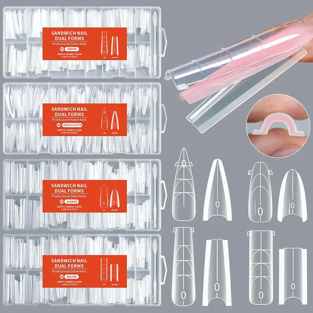 Set of 256 Nail Reconstruction Parts, Dual Shapes for Rapid Extension, Transparent Tips for French Manicure