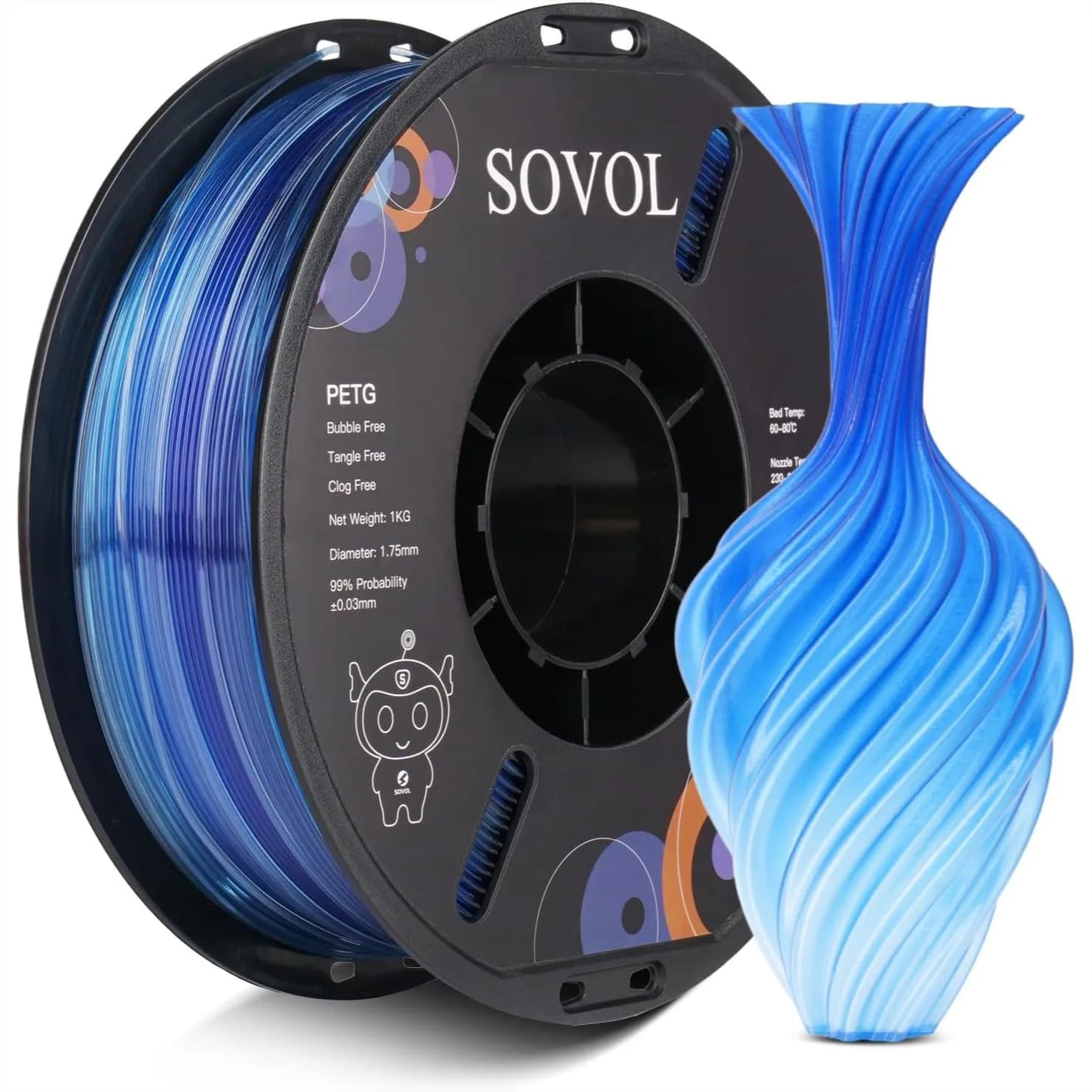 Filamento PETG 1.75mm, Multicolore Sfumato, Bobina da 1kg, Precisione Dimensionale +/- 0.03mm, Seta Traslucida per la Maggior Parte delle Stampanti 3D FDM