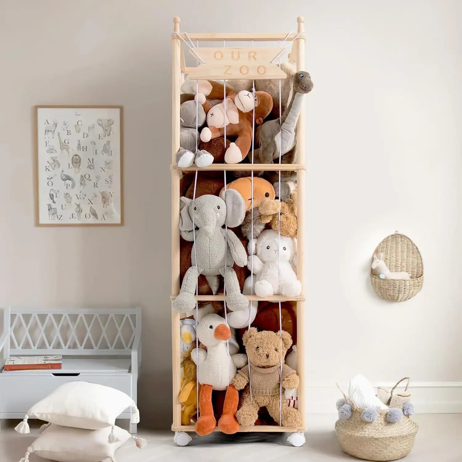 Grande Organizzatore in Legno per Peluche, Gabbia per Giocattoli da 54 Pollici per Cameretta, Sala Giochi, Camera da Letto