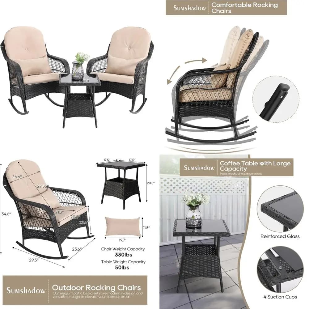 Sedie a dondolo imbottite in vimini con tavolino in vetro temperato, set di bilancieri da esterno in rattan PE per balcone e prato
