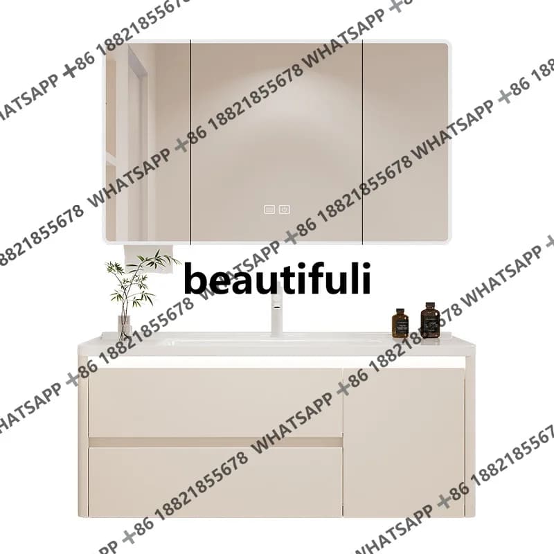 Mobile bagno in ceramica integrata con lavabo, mobiletto contenitore e specchio, per uso domestico, design semplice