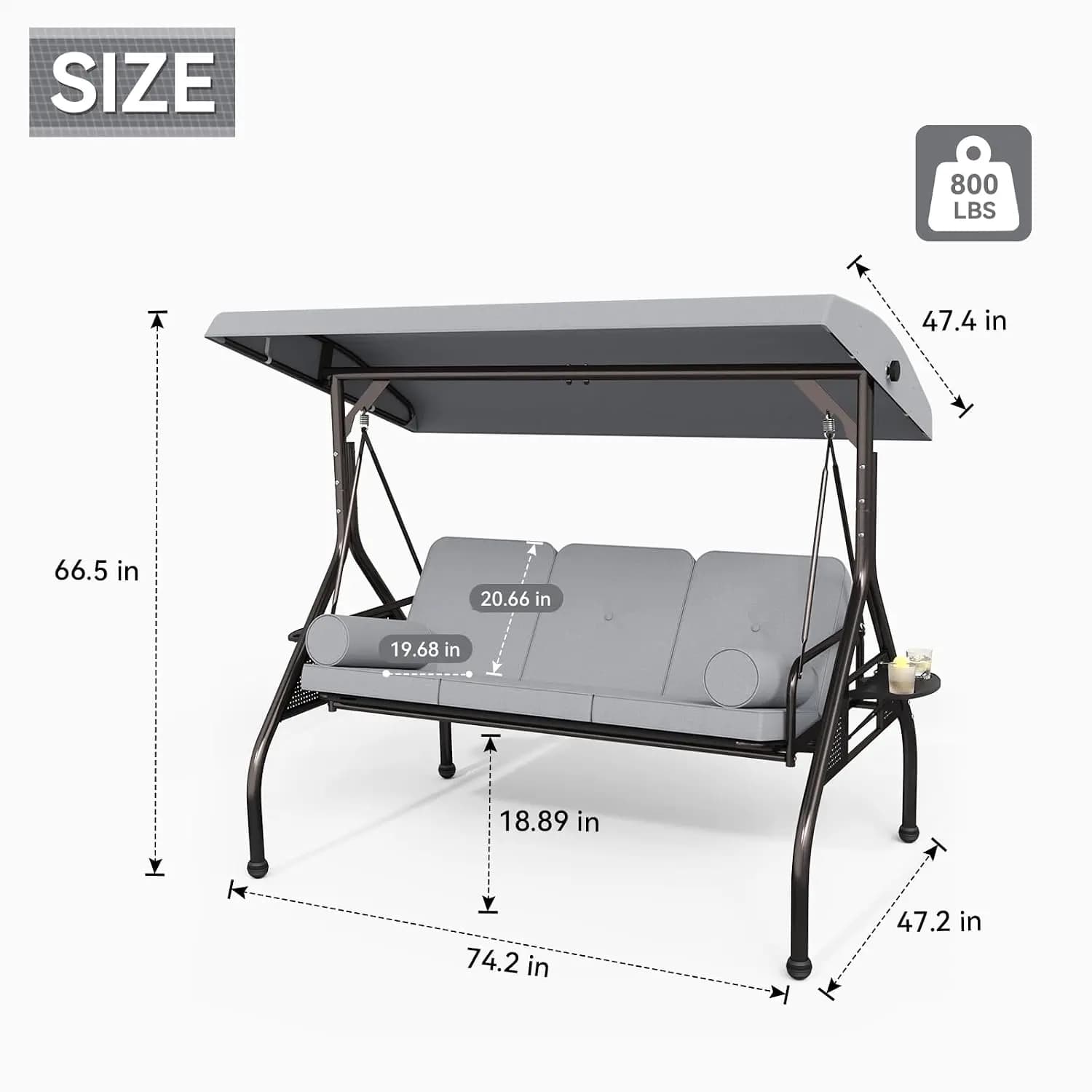 3-Seat Outdoor Porch Swing with Adjustable Canopy, Large Converting Swing Chair, Patio Swing Glider with Pillows, Customized
