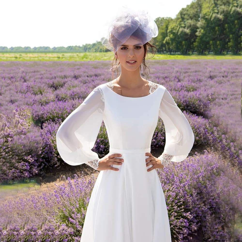 Boho White Wedding Lace Applique Chiffon Illusion Lantern Long Sleeve Satin Belt Bridal Robe Romantic A-Line Customized Dress