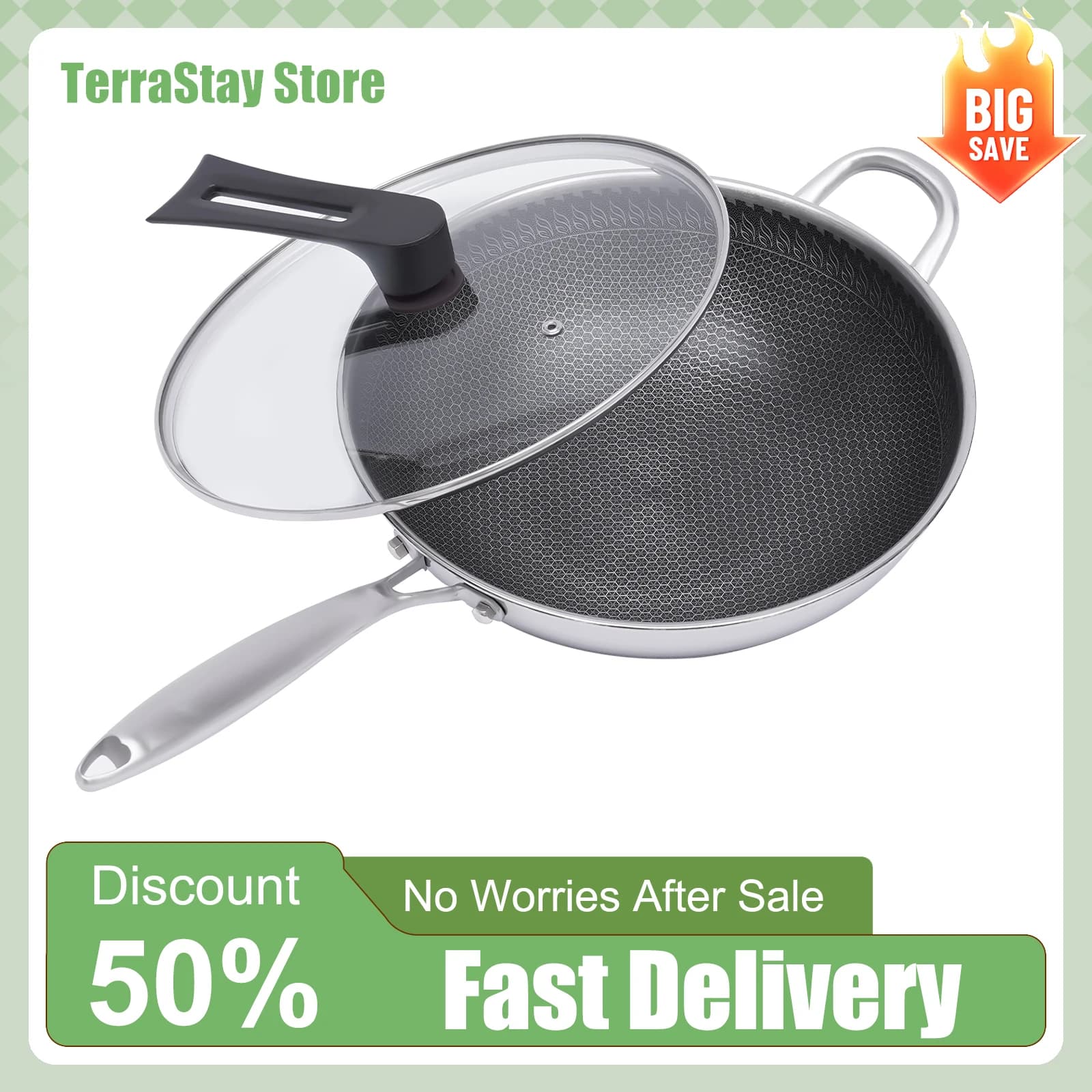 12 inch stainless steel pan Wok non-stick pan with honeycomb coating with ergonomic handle and lid Kitchen tools with heat retention