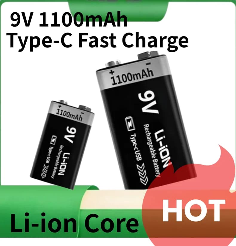 1100mAh 9V Rechargeable Lithium Battery with USB-C, 9 Volt Li-ion for Smoke Detector, Multimeter, Alarm Clock
