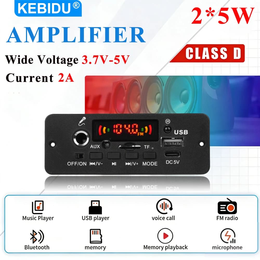 KEBIDU Lettore MP3 Bluetooth 5.0 con Microfono, Amplificatore 10W, Decoder WMA WAV APE, Vivavoce per Auto, USB AUX TF Radio FM