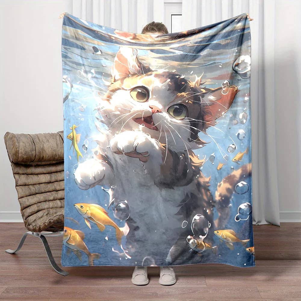 Ocean catfish pattern design Flannel printed blanket suitable for all seasons suitable for living room office sofa and travel