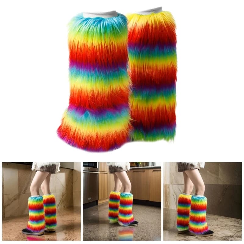 Scaldamuscoli in pelliccia sintetica arcobaleno colorato giapponese Copristivali Y2K Calzini gotici per gambe Punk Jk Calzino caldo alla moda per ragazza hiphop al ginocchio