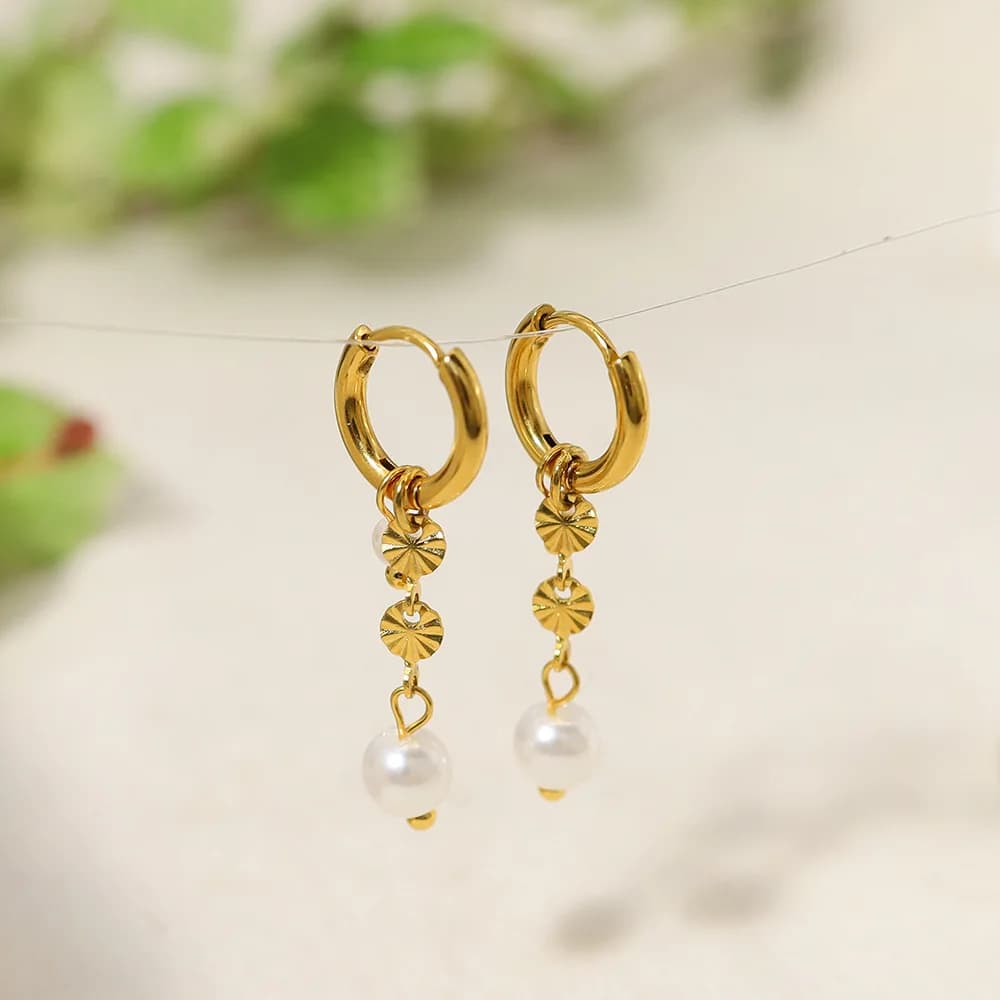 Stainless Steel Simulated Pearl Metallic Disc Drop Earrings Personality New Fashion Jewelry