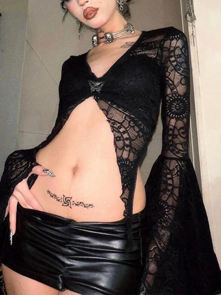 2023 Dark Lace See Through Mall Gothic Women t-shirt Emo Sexy Grunge estetica Flare Sleeve Crop top Y2k Black v-neck Alt Tees