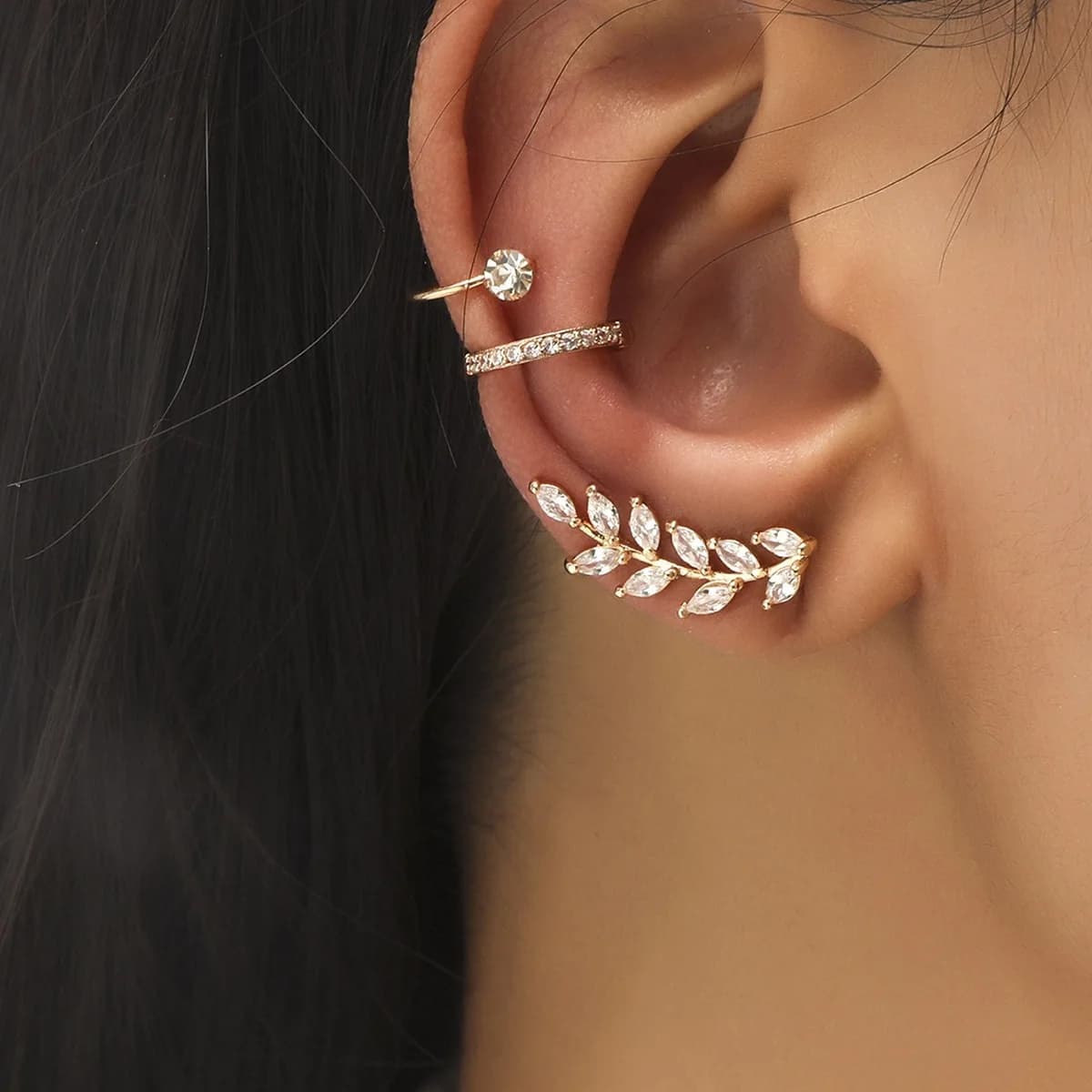 No Piercing Ear Cuff Set Leaf Crawler Earrings Zircon 18K Gold Plated Waterproof Non Tarnish Jewelry