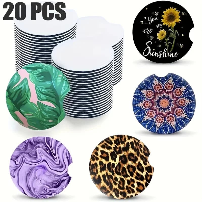 Sottobicchieri per auto vuoti sublimati da 20 pezzi, sottobicchieri sublimati vuoti con apertura circolare da 2,75 pollici (7cm) per sublimazione termica artigianato fai da te