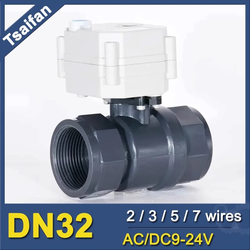 Valvola elettrica per acqua in PVC DN32, diametro foro 11/4" (25 mm), con comando manuale e indicatore, 9-24V, ingranaggi interamente in metallo