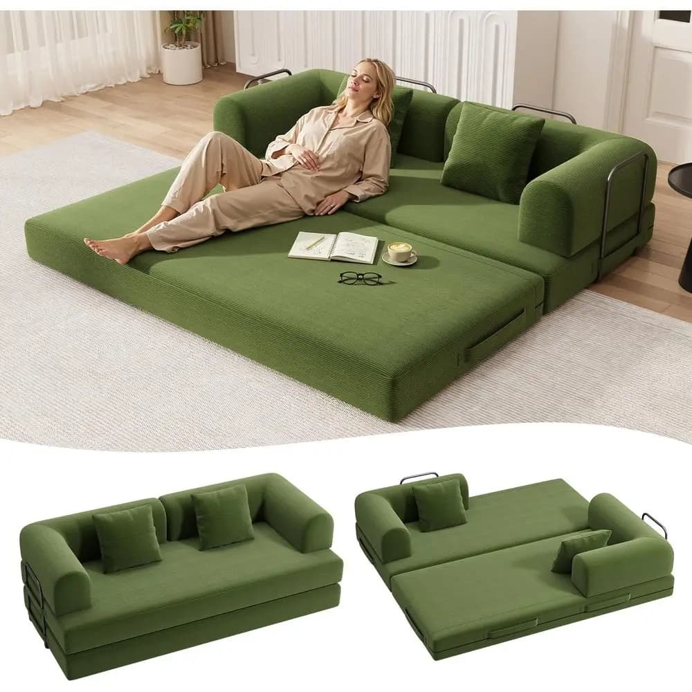 Divano Letto Convertibile 5-in-1 da 78,8'' con Braccioli Rimovibili, 2 Cuscini, Verde, Comodo Divano per Soggiorno, Nessun Montaggio Richiesto