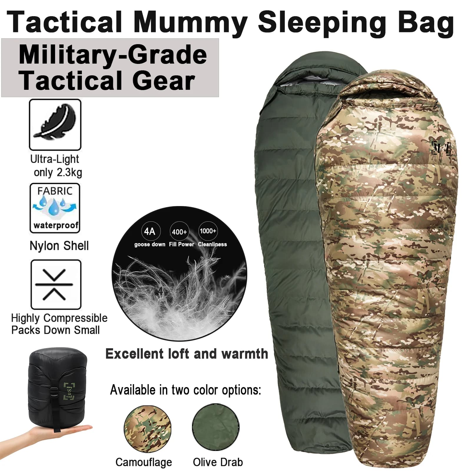Akmax.cn Tactical sleeping bag in goose down - Ultra-light, modular, outdoor equipment for cold climates, waterproof -25°C °C