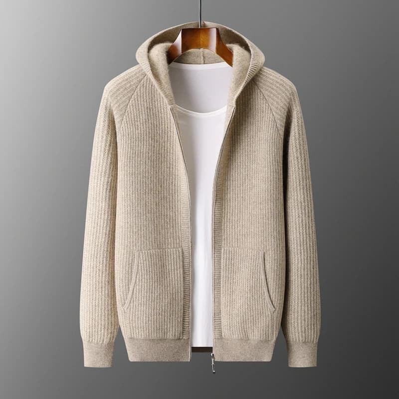 Men's Cardigan Hooded Thick Zipper New Knit sweater 100% Long sleeved jacket with warm autumn/winter loose casual