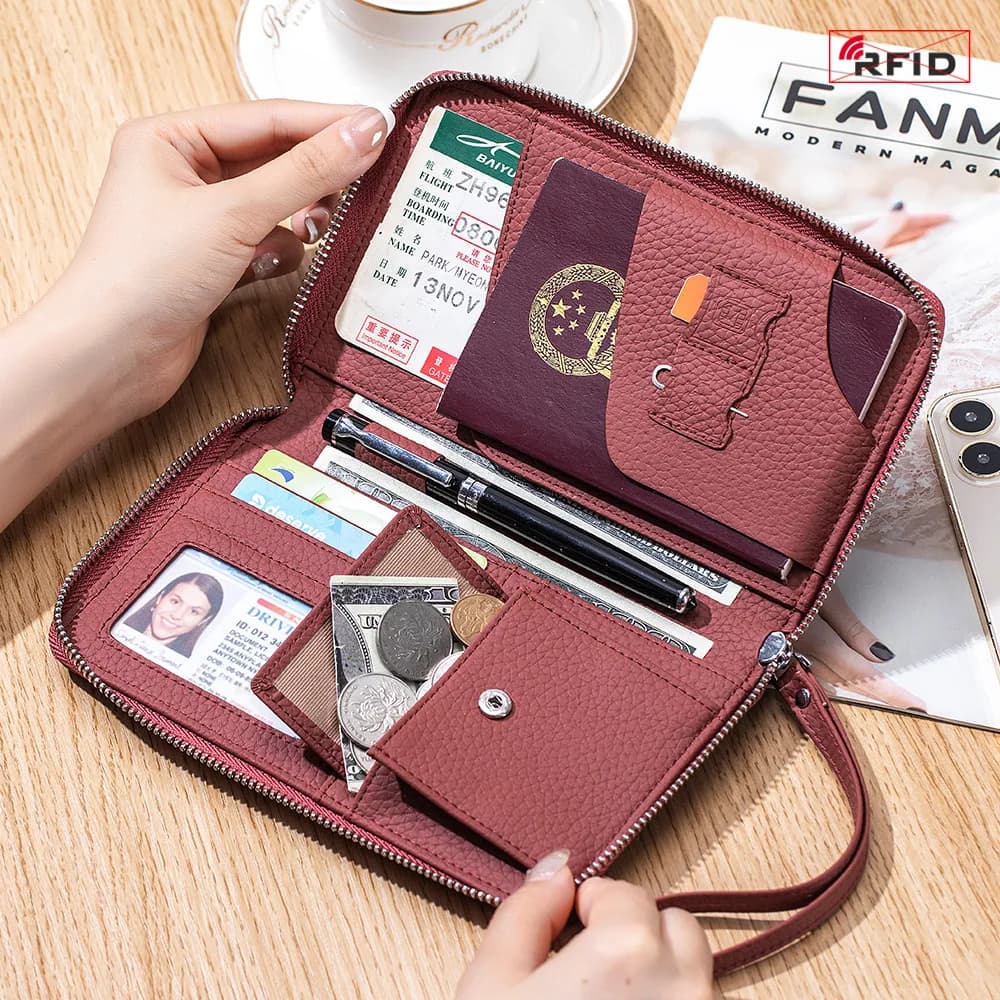 RFID BlockingMulti-functional Passport Holder Women's Large capacity Cowhide Leather Long Wallet Organizer bag