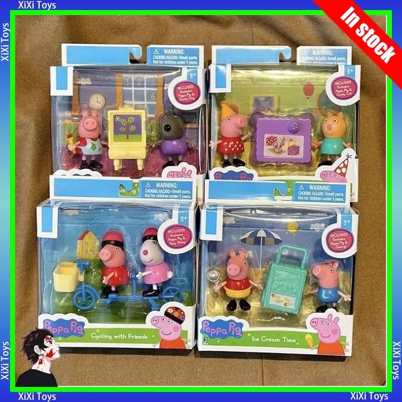 Original Peppa Pig and Suzy Sheep Riding A Bike George Ice Cream Time Danny Dog Painting Doll Children's Holiday Play House Gift