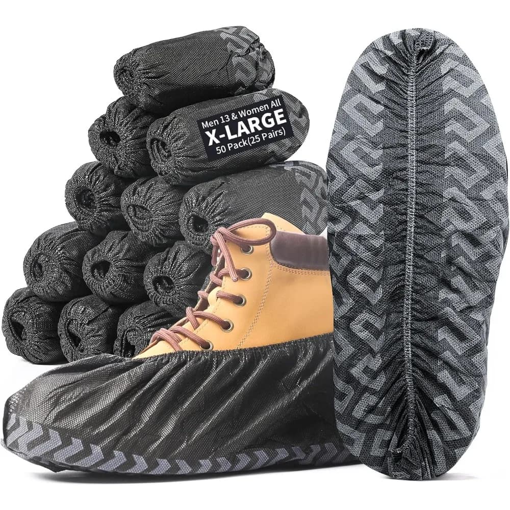 Disposable Non-Slip Shoe Covers Black 50 Pack Large Size Boot Covers Water Resistant Non-Woven Fabric Stretchable Fits Men's Shoes Up to US Size 13 for Indoor Outdoor Home Protection Construction Painting Cleaning