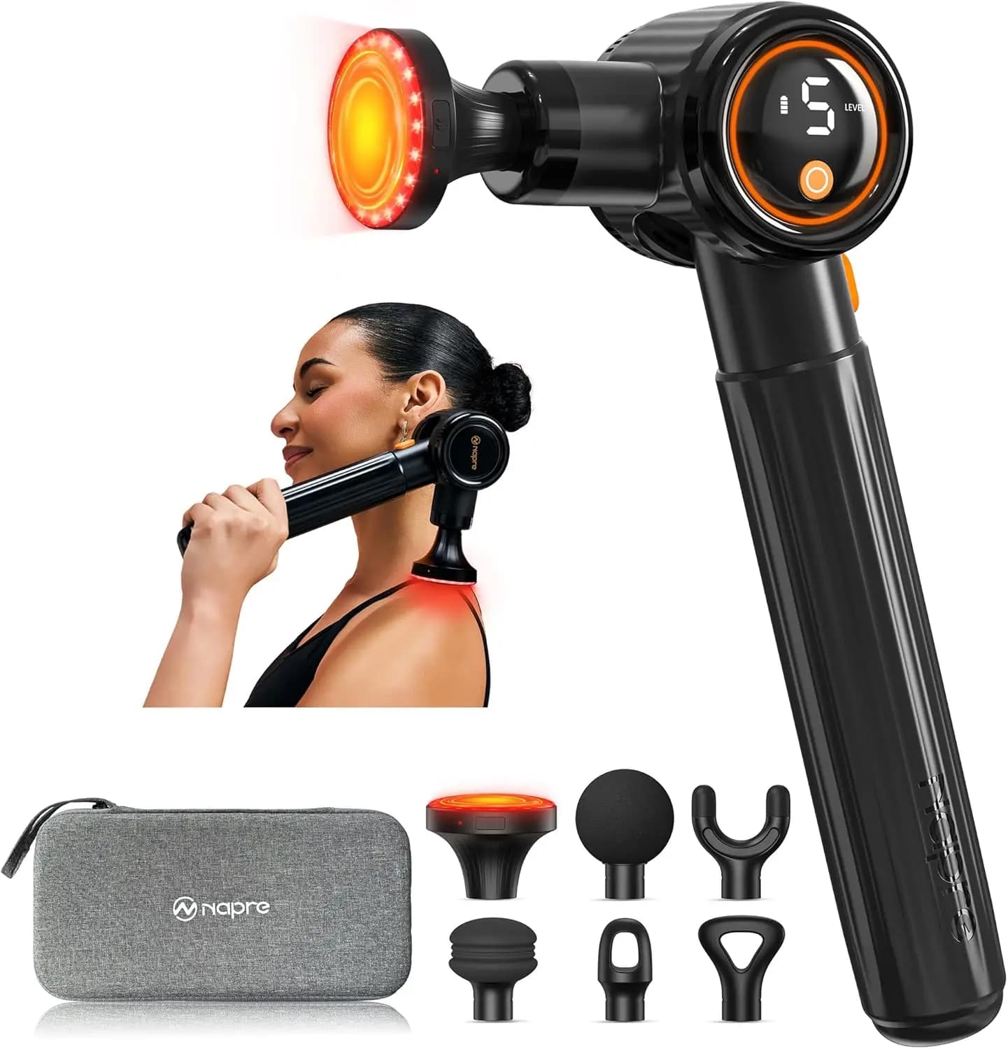 Deep Massage Gun with Heat, Adjustable Angles and Portable Case for Alleviating Muscular Pain/Cervicale/Corporal, Black