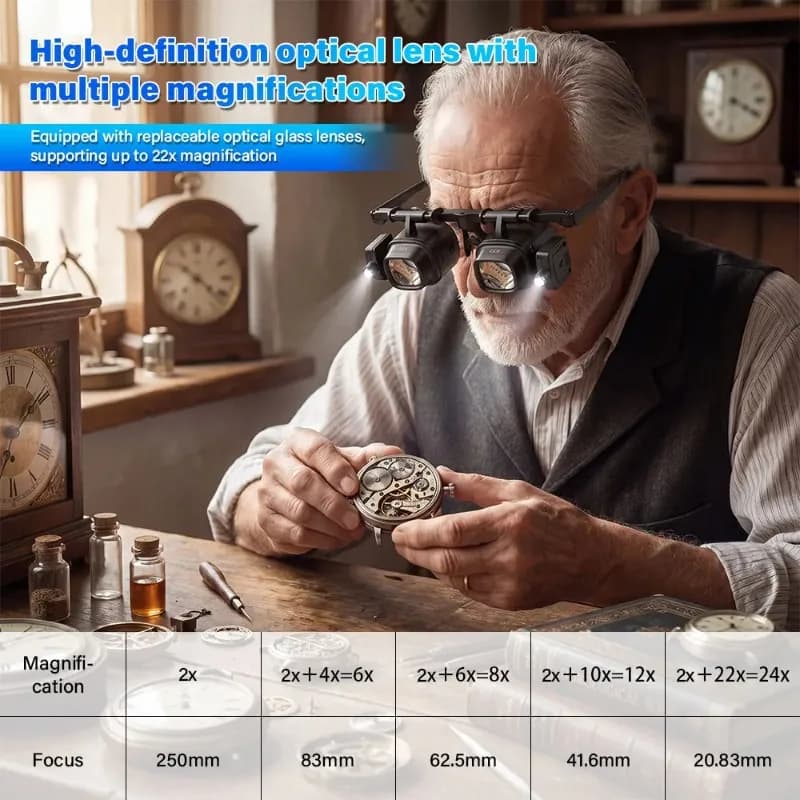 Multi-purpose 2X6X 8X 10X 12X 24X Head-mounted Magnifying Glass Portable Universal Watch Jewelry Repair Magnifier with LED Light