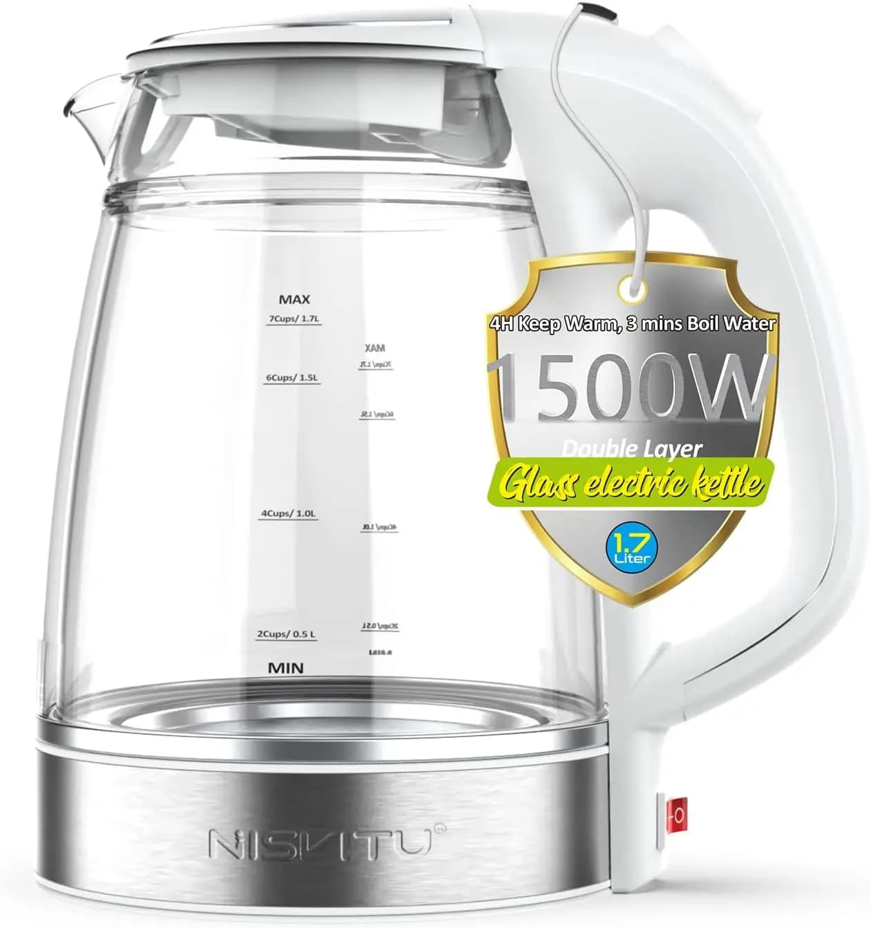 Bollitore elettrico senza fili, 1,7 litri, 1500 W, spegnimento automatico, mantenimento in caldo, vetro e acciaio inossidabile