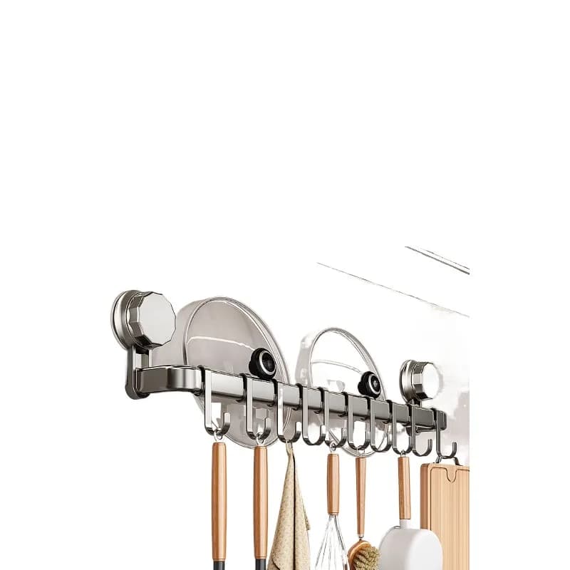 Suction Cup Kitchen Utensil Hanger, Stainless Steel Wall Mounted Hook Rail, No Drill Storage Rack for Pots, Spoons, Tools