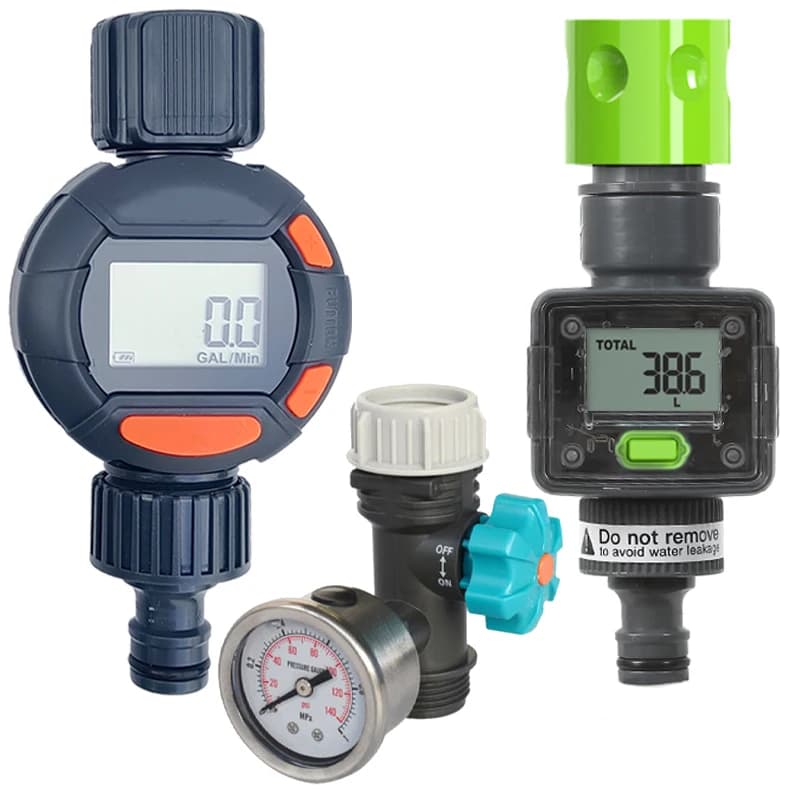 Water flow meter, standard 3/4" thread, high precision and waterproof IP6X, water meter for garden hose/camper/practor/pull with nozzle
