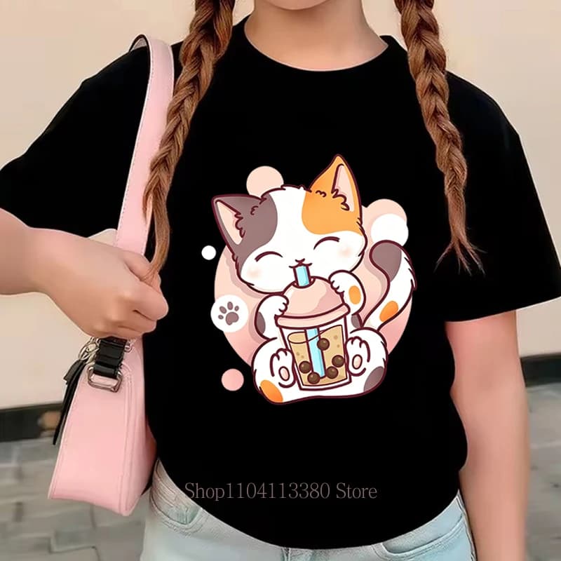 T-shirt con stampa grafica Milk Tee Cat per bambini, ragazzi e ragazze, top estivi casual alla moda, t-shirt colorate a maniche corte con scollo a O per bambini