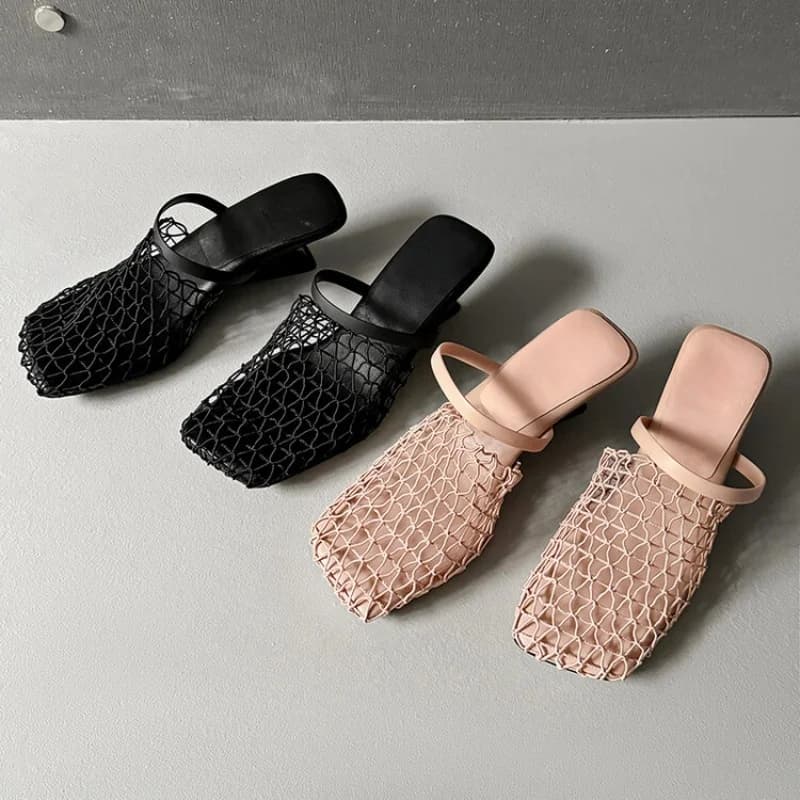 Pantofole cave con rete da pesca Tacco a zeppa Punta quadrata Tacchi alti per il tempo libero Scarpe da donna slip-on con tacco basso sexy alla moda